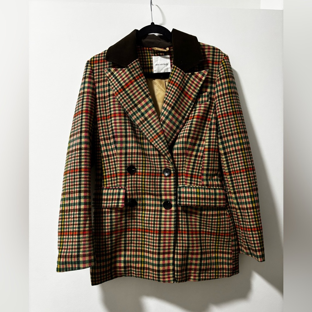 Checked Wool-Blend Double-Breasted Coat with Contrast Collar - Multicolor